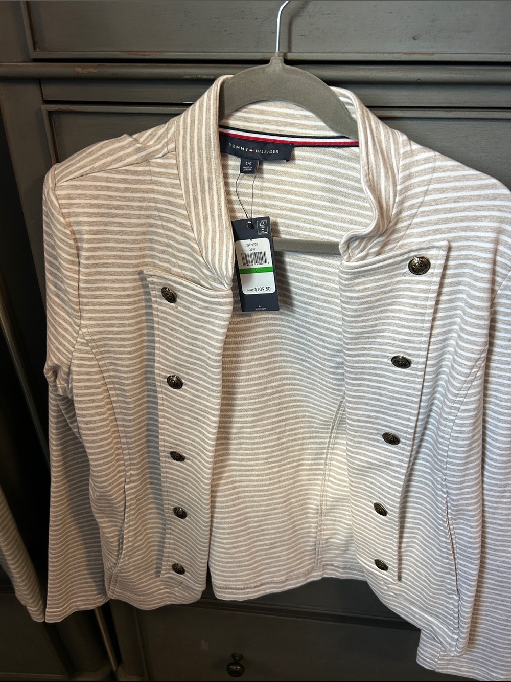 Tommy Hilfiger Cream & Light Gray Striped Military-Style Jacket